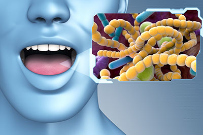 The image features a 3D rendering of a human face with an open mouth, superimposed on top of a microscopic view of bacteria, labeled with scientific names and colors.